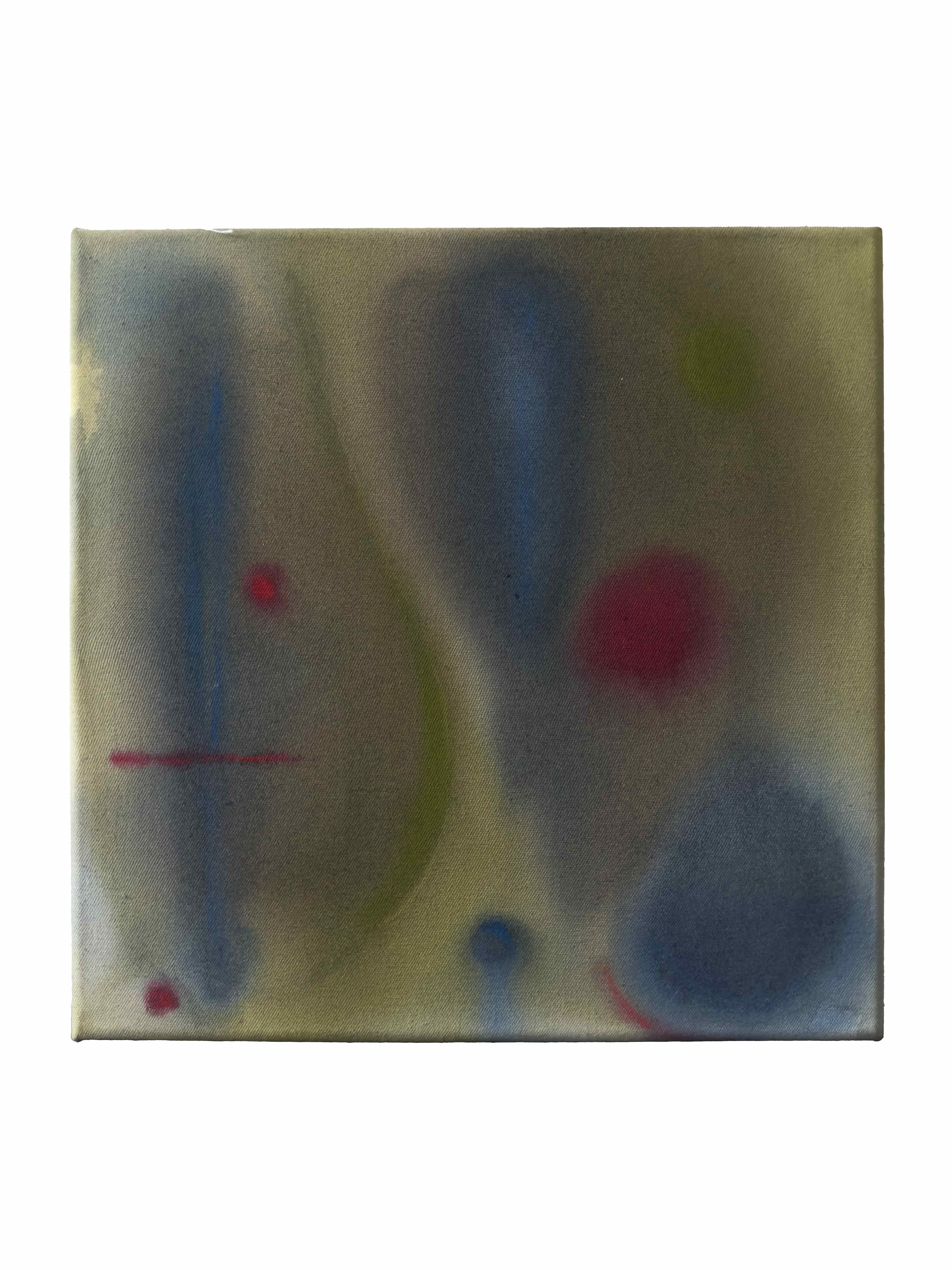 Atmosphere | navy red khaki, acrylic on raw canvas, 35 × 35 cm, 2026, 320 €
