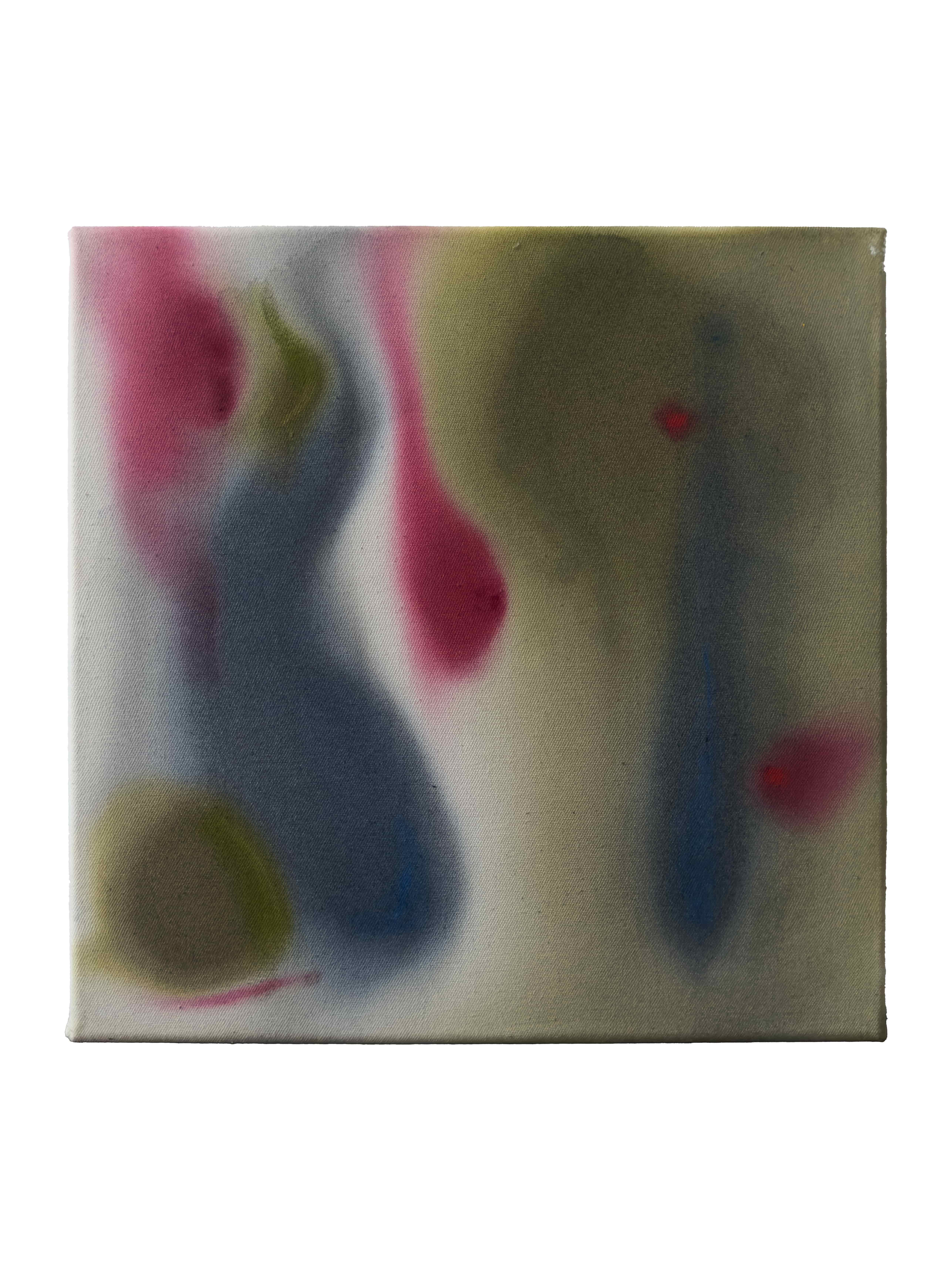 Atmosphere | navy red khaki, acrylic on raw canvas, 35 × 35 cm, 2026, 320 €